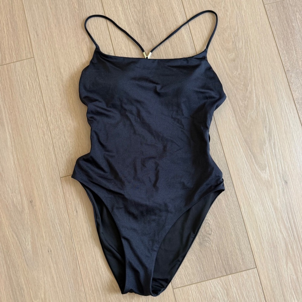 H9 Victorias Secret Black Strappy Back One Piece Swimsuit Gold Hardware Medium - Picture 5 of 13